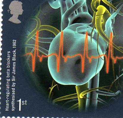 first-class UK stamp commemorating the discovery of Propranolol. "Heart-regulating beta blockers synthesised by Sir James Black, 1962"